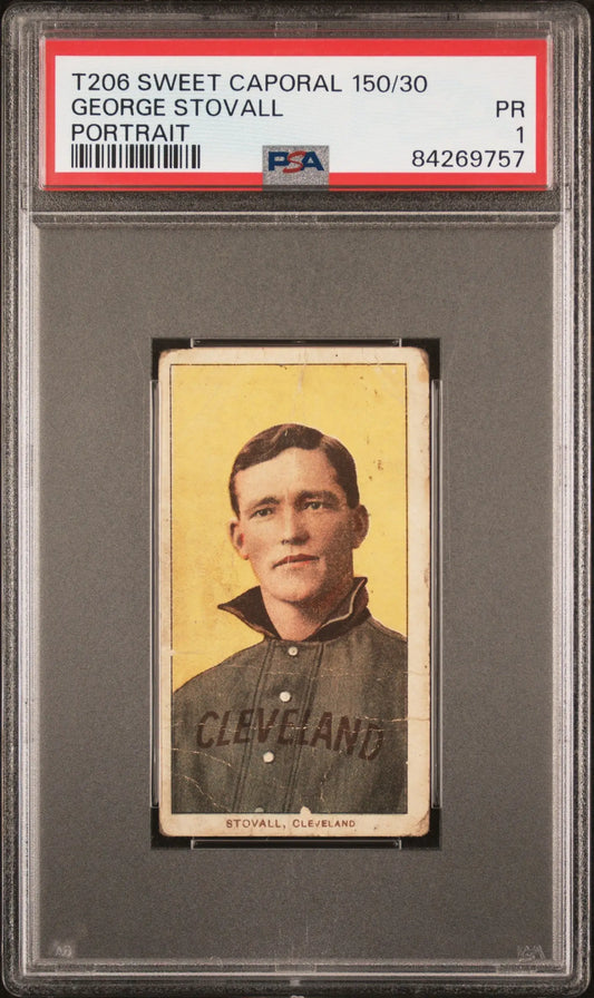 PSA-graded T206 Sweet Caporal George Stovall baseball card in dark uniform