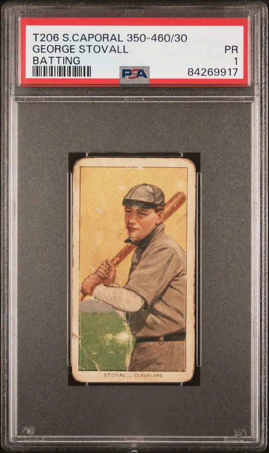 Vintage George Stovall T206 Sweet Caporal baseball card featuring player with bat