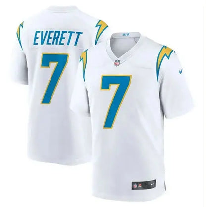 White Los Angeles Chargers football jersey with number 7 and EVERETT on the back