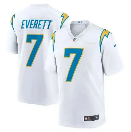 White Los Angeles Chargers football jersey with number 7 and EVERETT on the back