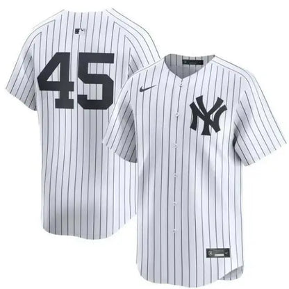 Pinstriped New York Yankees baseball jersey displayed in Gerrit Cole Nike Home Limited Player Jersey White