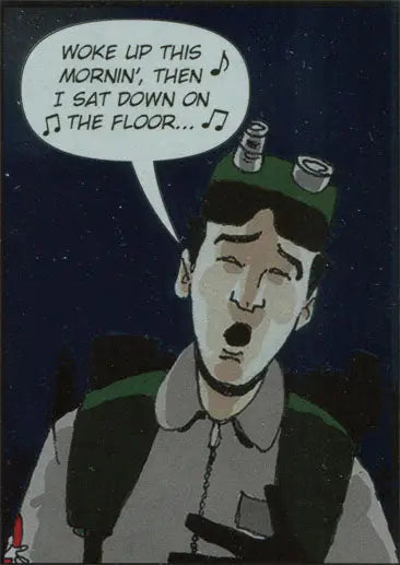 Cartoon character in cap and uniform singing from speech bubble on Specter E4 Foil Parallel Chase Card