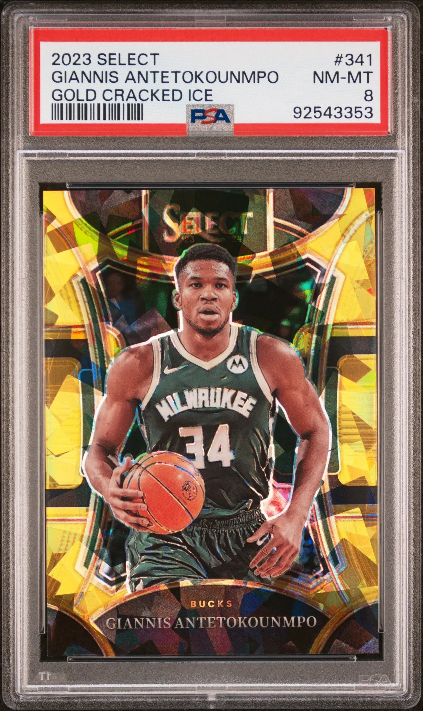 Graded Giannis Antetokounmpo 2023 Select Gold Cracked Ice basketball card PSA 8