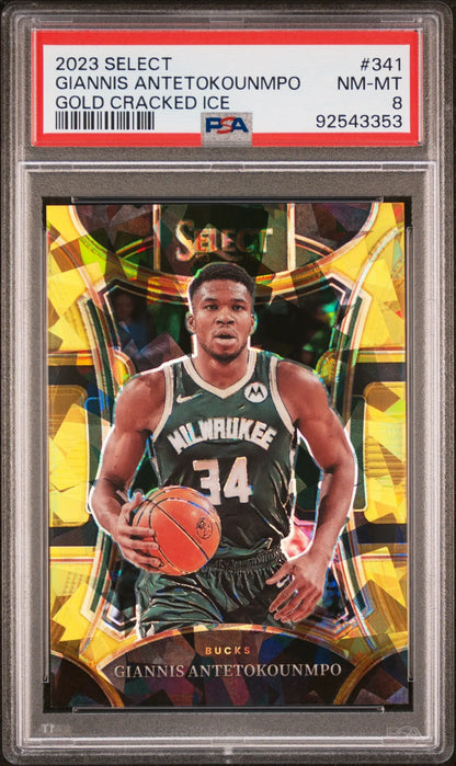 Graded Giannis Antetokounmpo 2023 Select Gold Cracked Ice basketball card PSA 8