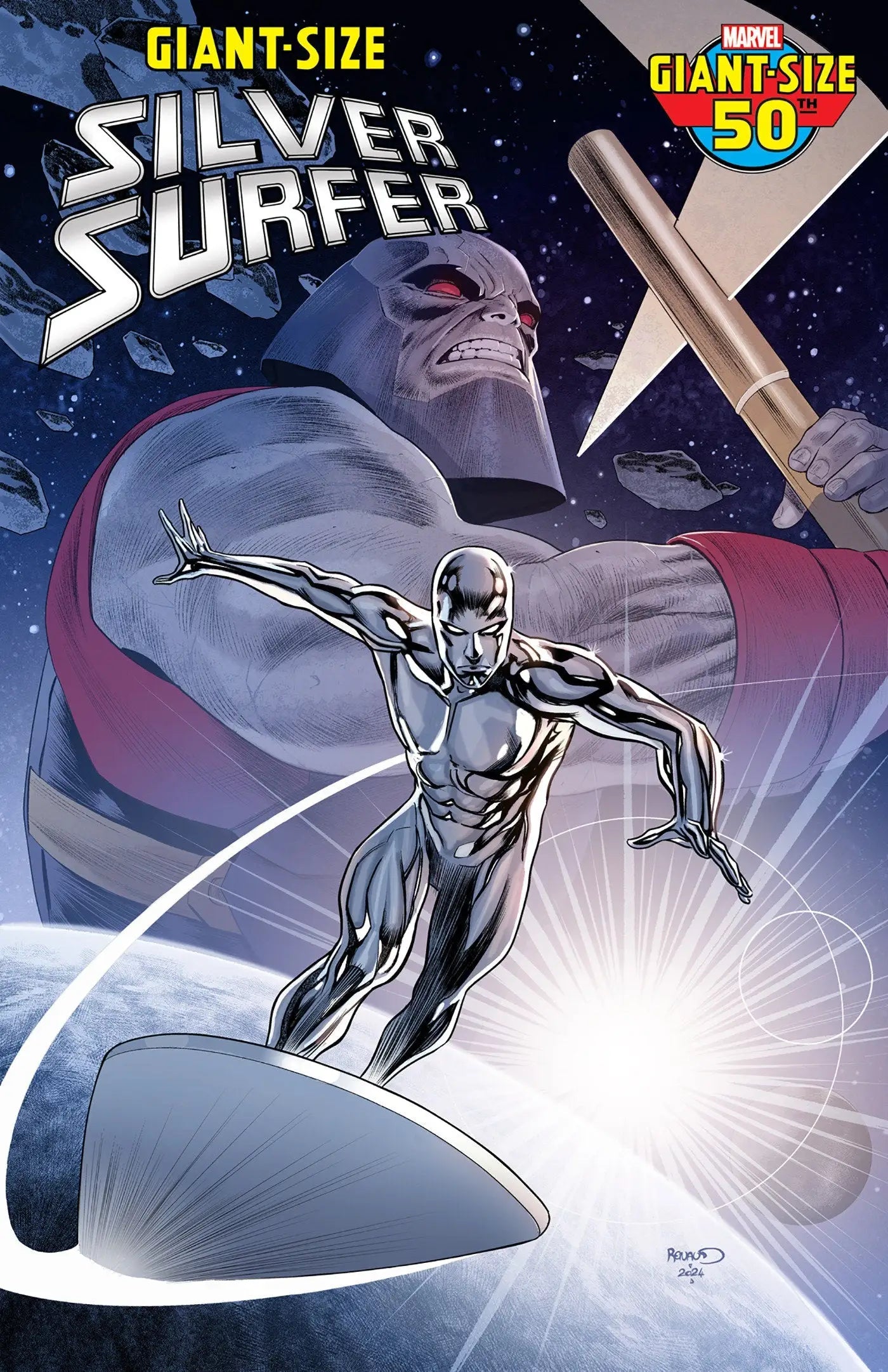 Silver Surfer riding cosmic surfboard, featured in Giant-Size Silver Surfer #1 variant