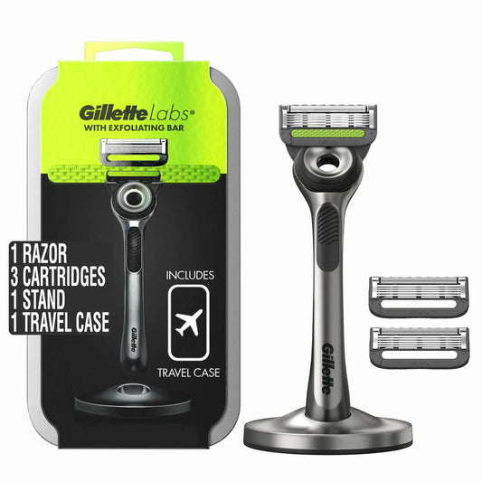Gillette Labs razor with exfoliating bar, travel case, and premium magnetic stand