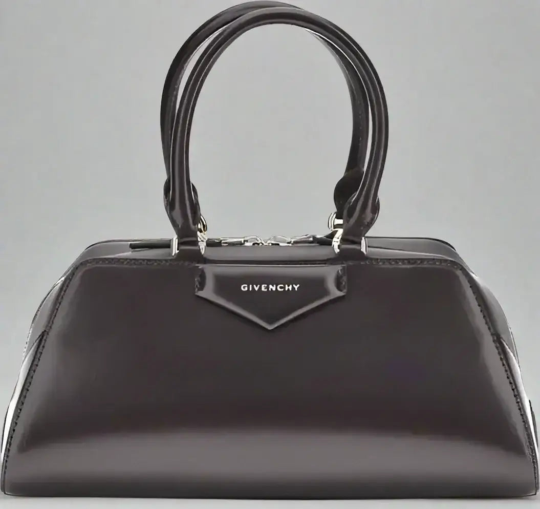 Shiny dark brown patent leather GIVENCHY Antigona East-West small handbag with two top handles