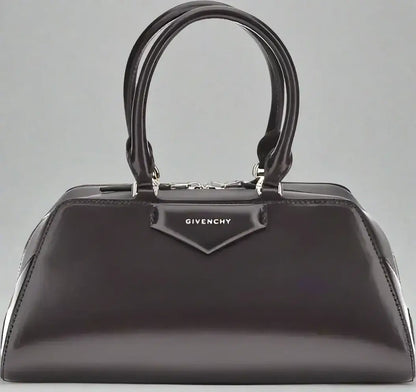 Shiny dark brown patent leather GIVENCHY Antigona East-West small handbag with two top handles