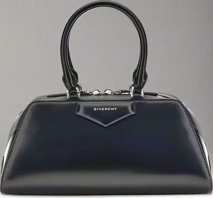 Shiny black Givenchy Antigona East-West small handbag with top handles and silver hardware