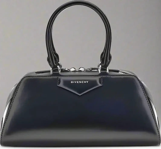 Shiny black Givenchy Antigona East-West small handbag with top handles and silver hardware