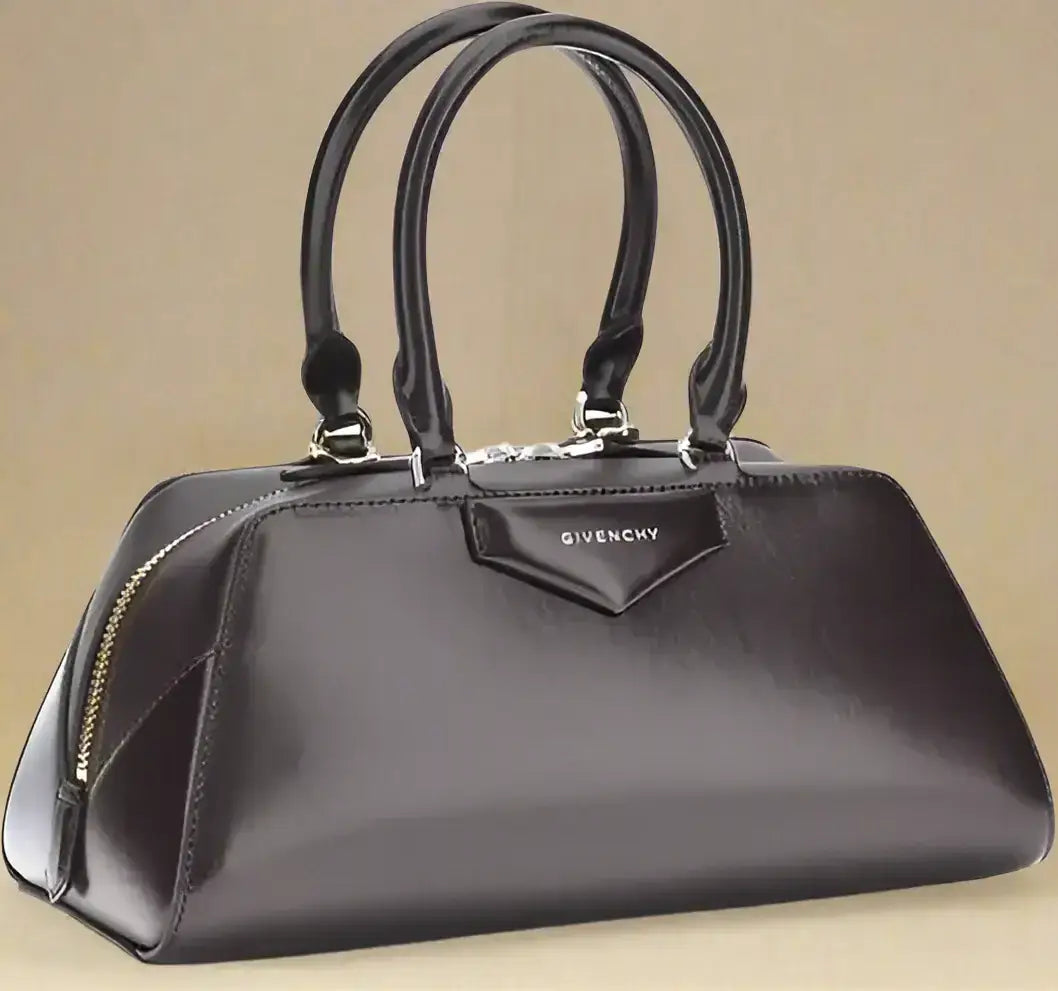 Black patent leather Givenchy Antigona East-West small handbag with top handles and silver hardware