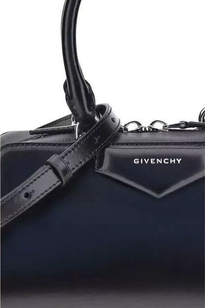 Navy blue leather antigona east-west small handbag with top handle and shoulder strap