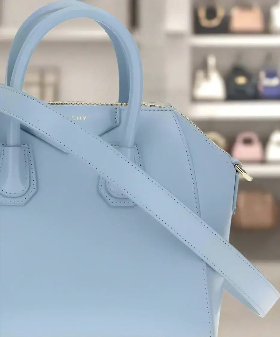 Light blue leather mini handbag with top handles and detachable strap, Sky Blue Antigona