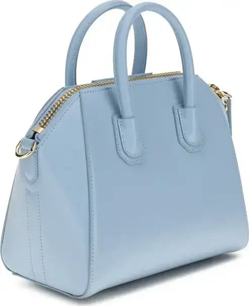 Light blue leather mini handbag with gold hardware and two top handles, Sky Blue Antigona