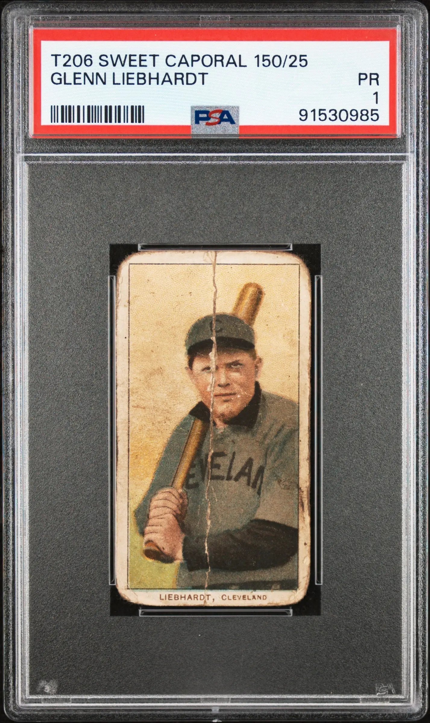 PSA-graded T206 Sweep Caporal card of Glenn Liebhardt, Cleveland player with bat