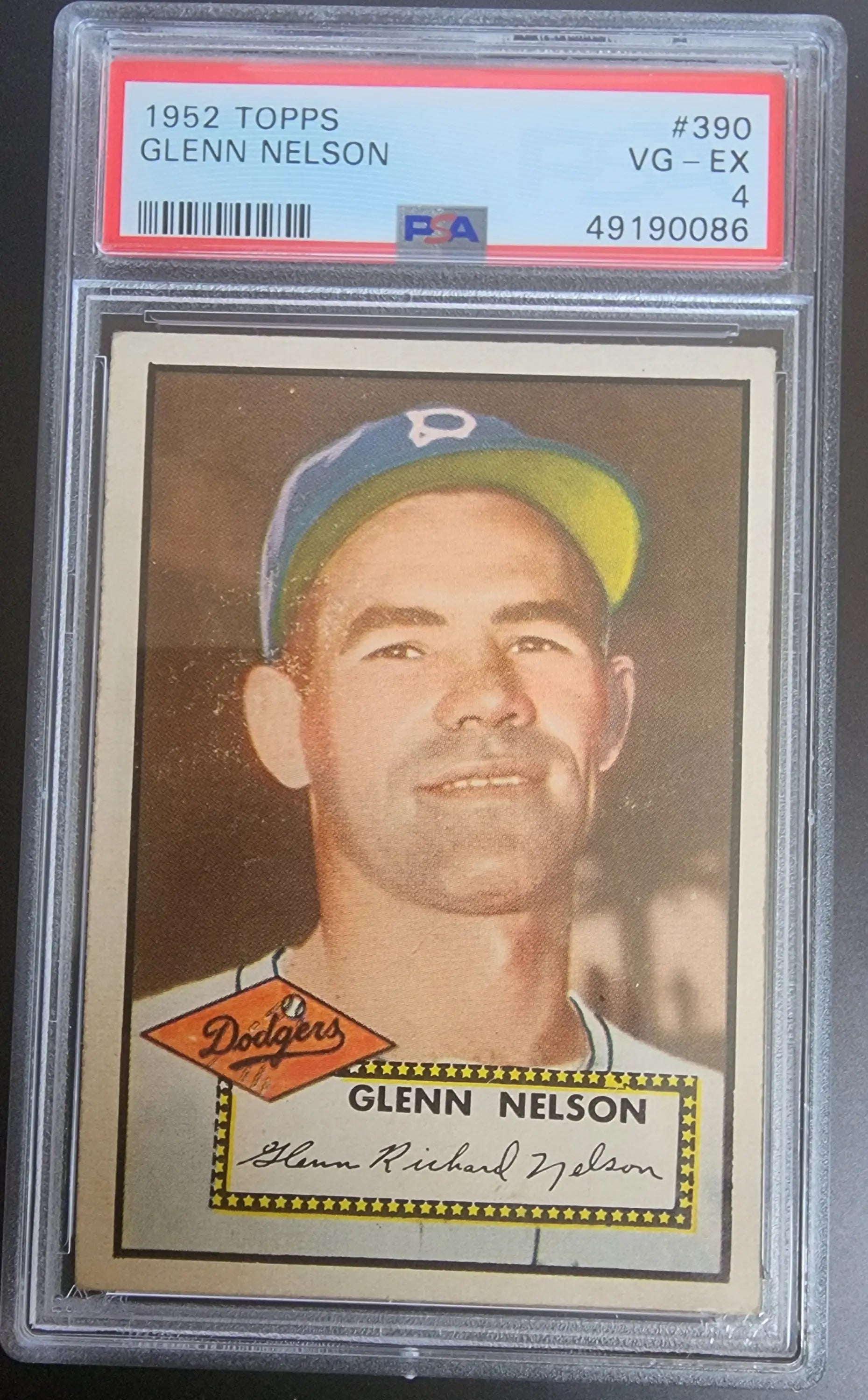 PSA-graded 1952 Topps Glenn Nelson baseball card featuring Brooklyn Dodgers player