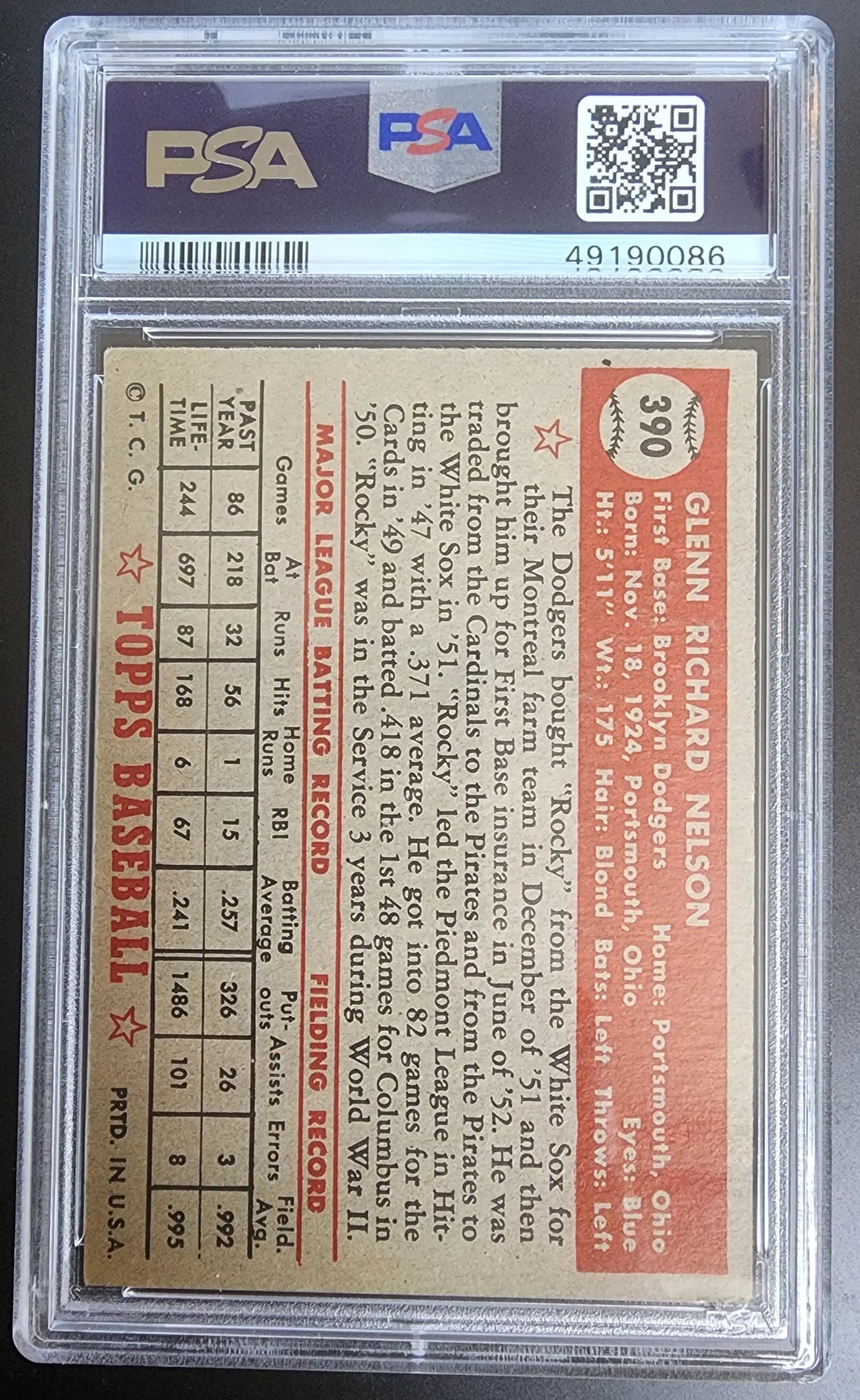 Glenn Nelson 1952 Topps #390 baseball card in PSA/DNA holder with QR code