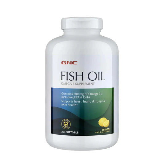 GNC Fish Oil supplement supports heart brain skin eye health in lemon flavor 360 count