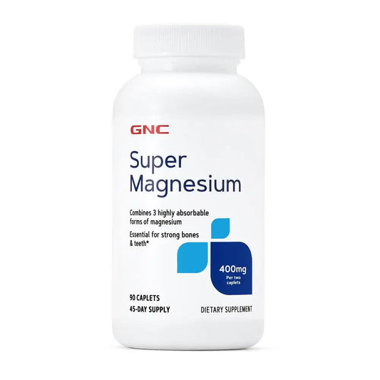 GNC Super Magnesium supplement bottle supports strong bones and highly absorbable minerals