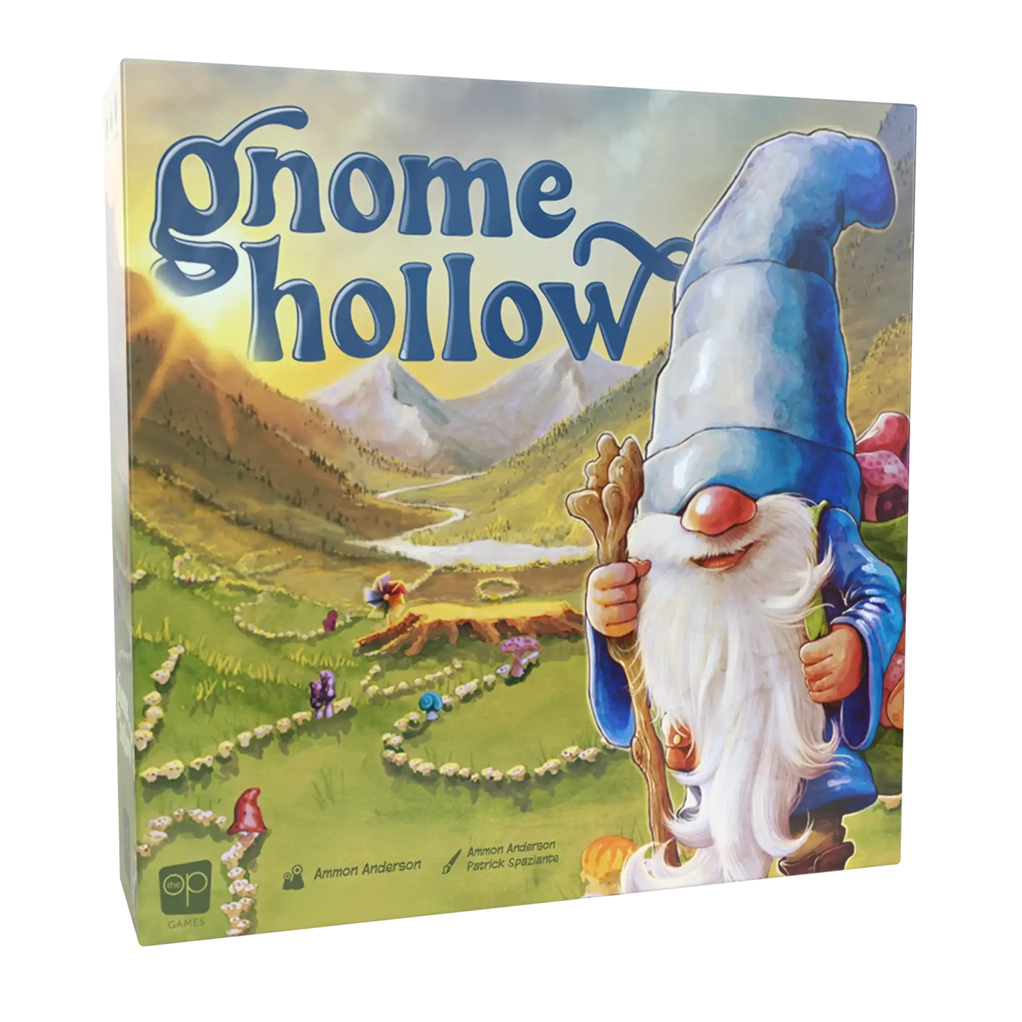 Gnome Hollow board game box featuring a gnome with a blue hat and staff