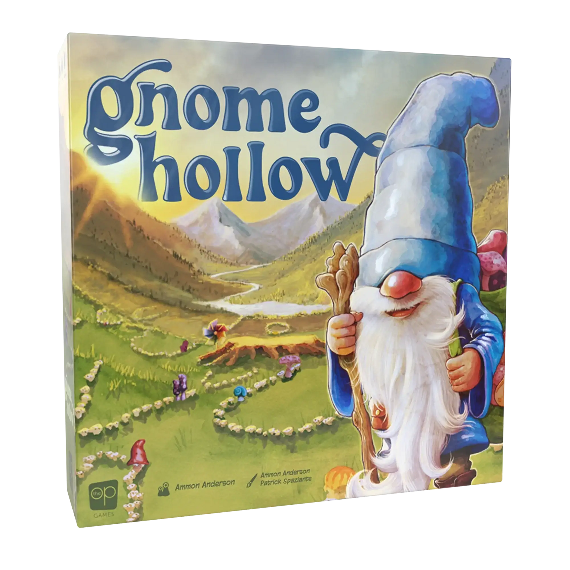 Gnome Hollow board game box featuring a gnome with a blue hat and staff