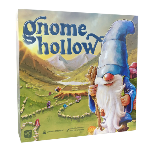 Gnome Hollow board game box featuring a gnome with a blue hat and staff