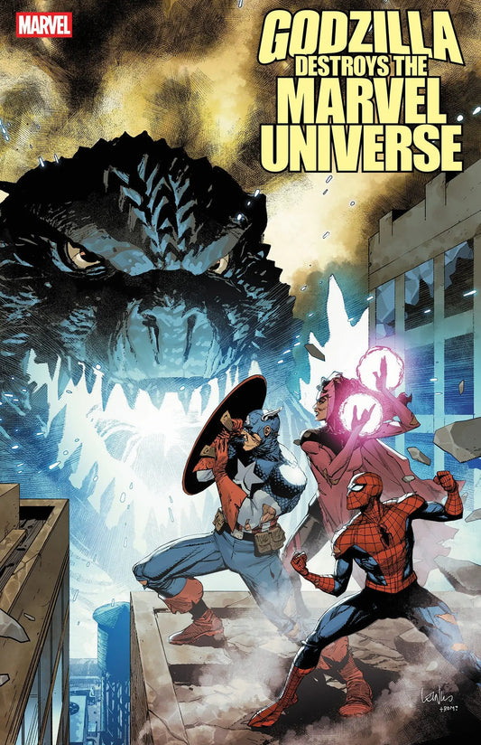 Comic book cover featuring Godzilla and Marvel universe superheroes in Godzilla Destroys The Marvel Universe #1 Leinil Yu 2nd Print Variant