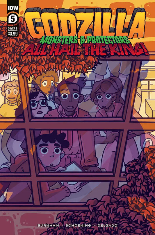 Comic book cover of Godzilla, King Ghidorah, and cartoon characters peering through windows
