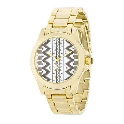 Gold-tone geometric patterned watch with stainless steel band displayed in Gold Watch product
