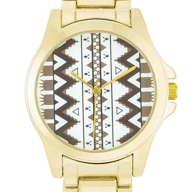 Gold watch with geometric pattern and brown accents showcasing elegant style