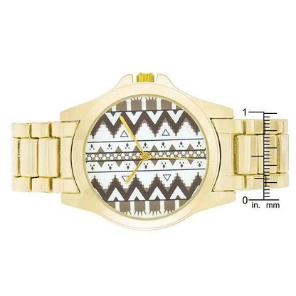 Gold tone stainless steel watch with geometric pattern displayed in Gold Watch product