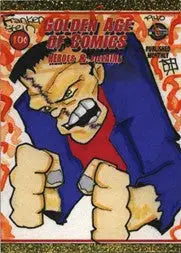 Angry cartoon character in blue outfit on Golden Age of Comics sketch card