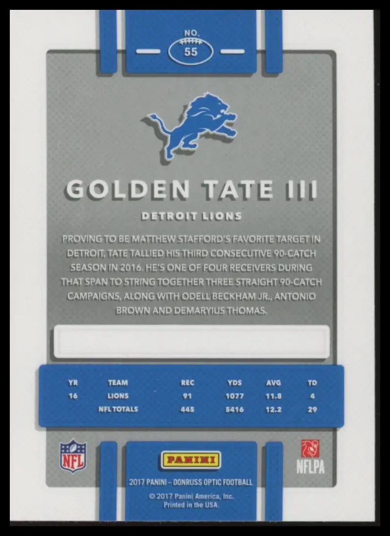 Back of Golden Tate III 2017 Donruss Optic football card featuring Detroit Lions player