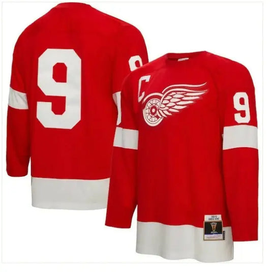 Red and white Detroit Red Wings hockey jersey featuring 1960 Captain patch and blue line