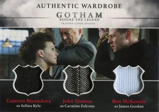Trading card showcasing Gotham costume fabric swatches of Selina Kyle, Carmine Falcone, and James Gordon