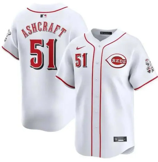 White Cincinnati Reds baseball jersey featuring Graham Ashcraft’s name and logo