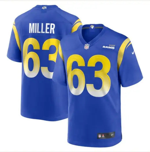 Blue Los Angeles Rams Grant Miller Nike Game Jersey with number 63 and MILLER on back