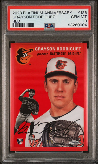 Grayson Rodriguez 2023 Topps Chrome Platinum Anniversary Red Refractor Gem Mint card