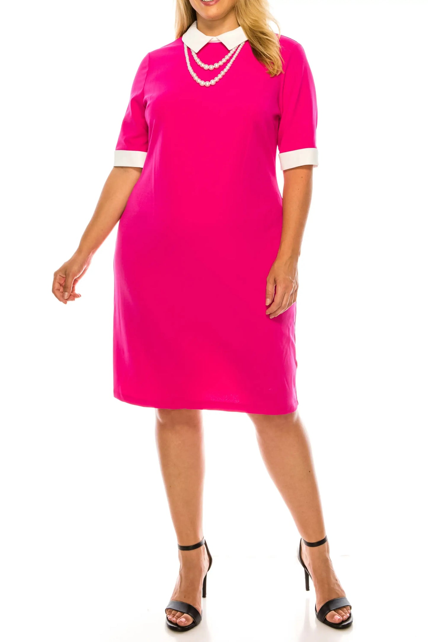 Plus-size hot pink knee-length sheath dress with white collar and pearl necklace