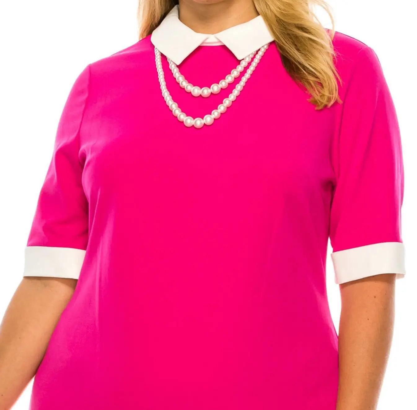 Hot pink sheath dress with white collar and cuffs, includes double-strand pearl necklace