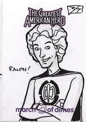 Black and white sketch card of smiling cartoon character by Blair Shedd, wearing GAP shirt