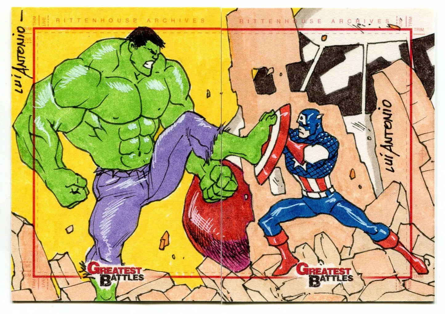 Hulk versus Captain America comic art in Greatest Battles Two Card Set by Lui Antonio