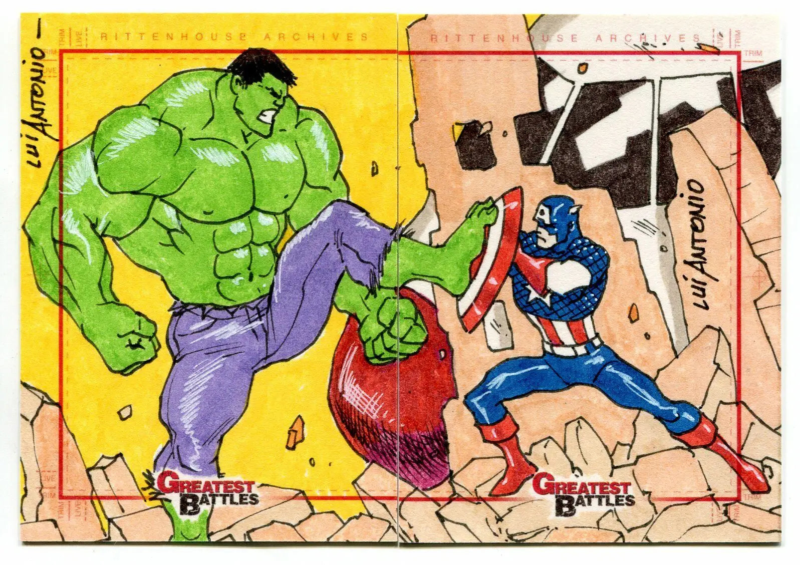 Hulk versus Captain America comic art in Greatest Battles Two Card Set by Lui Antonio