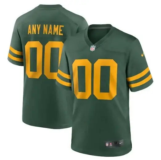 Dark green and gold customizable Green Bay Packers Nike Alternate Jersey displayed
