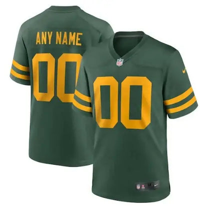 Dark green and gold customizable Green Bay Packers Nike Alternate Jersey displayed