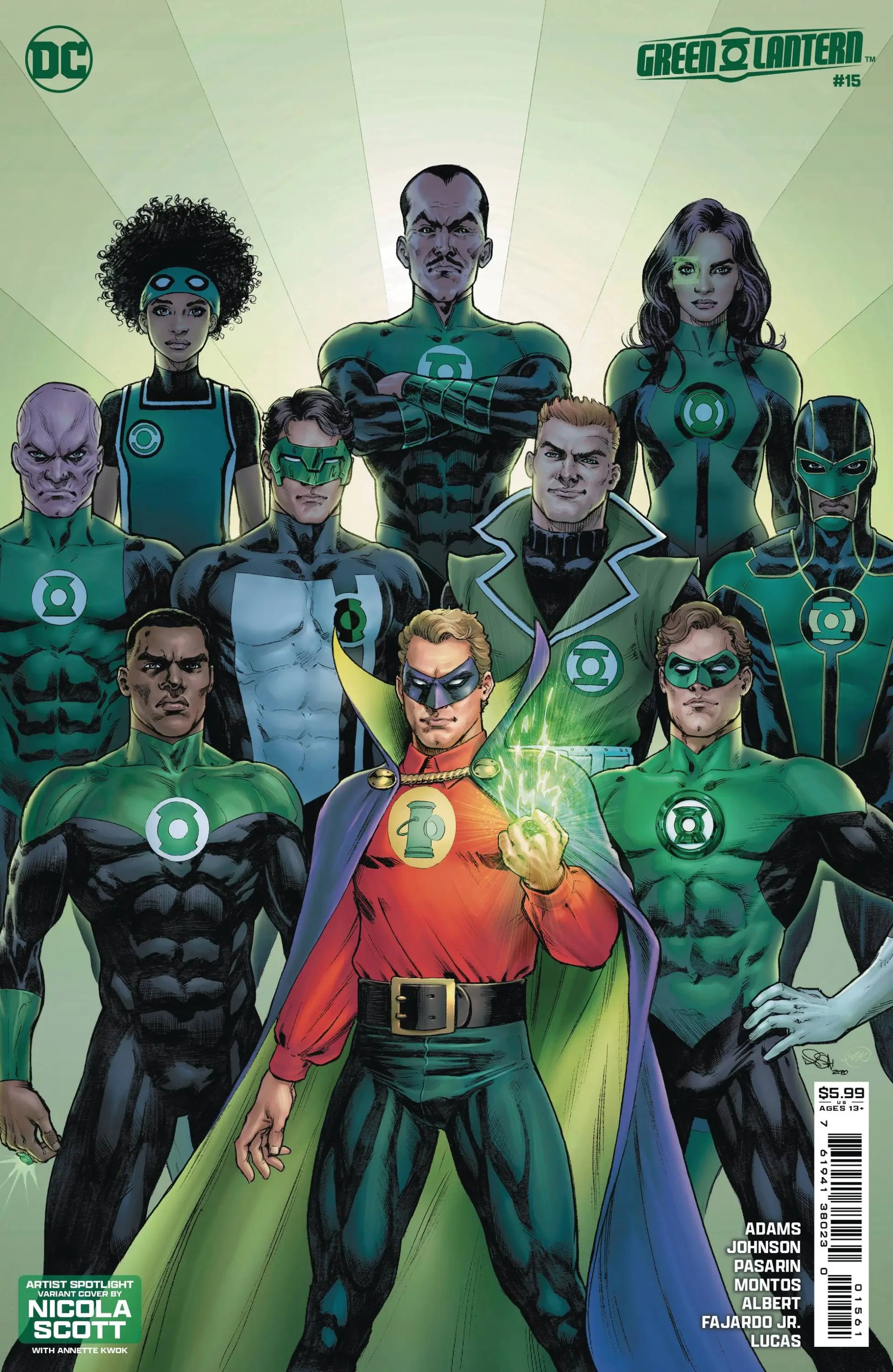 Comic book cover art of multiple Green Lantern members in iconic uniforms