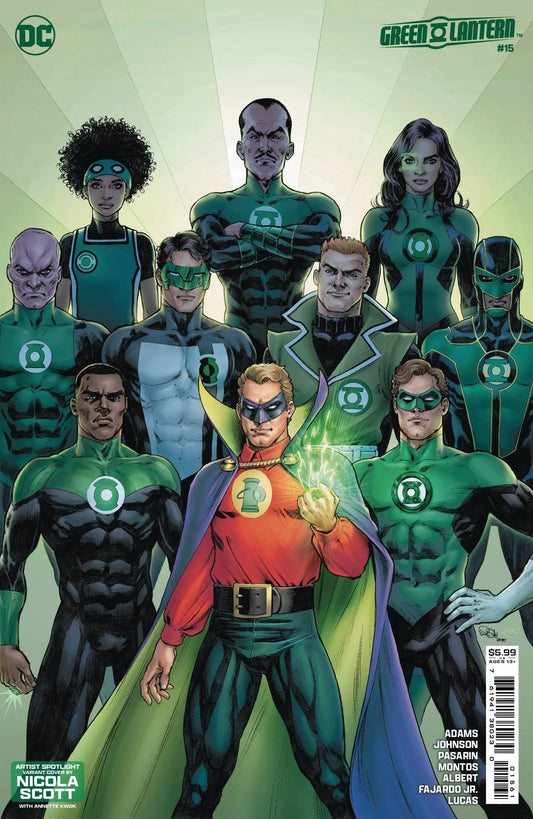 Comic book cover art of multiple Green Lantern members in iconic uniforms