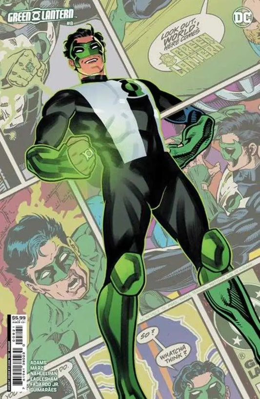 Green Lantern in a black and green costume with glowing energy, perfect for trading cards