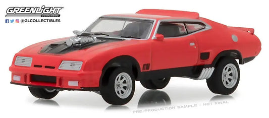 Red Ford Falcon XB GT coupe model car with black stripes and engine detail