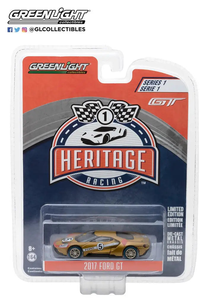Die-cast gold 2017 Ford GT race car in packaging from Racing Heritage Series